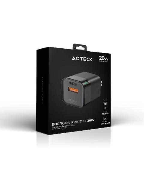 ACTECK CARGADOR DE PARED ENERGON PRIME 20W 1X USB-A-1X USB-C NEGRO