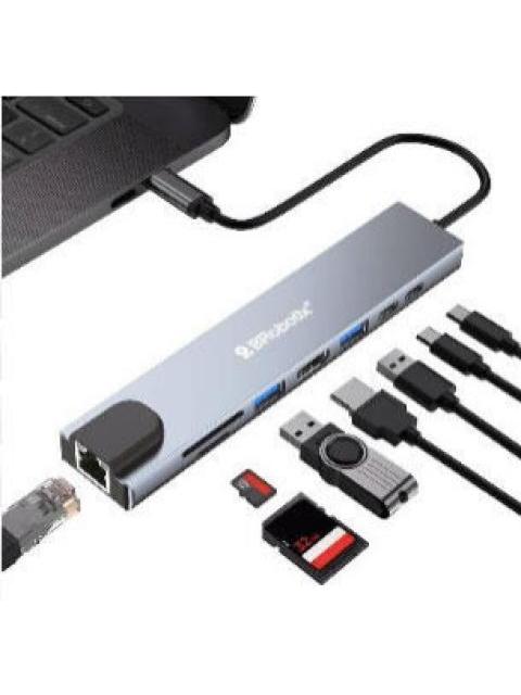 BROBOTIX DOCKING STATION 8 EN 1 USB C 2X USB 3.0 1X SD 1X MICRO SD 1X HDMI 1X RJ-45 2X USB C PLATA