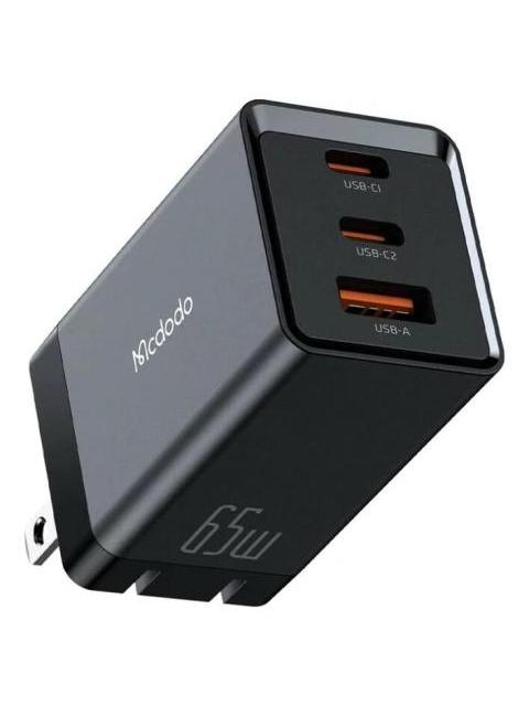 CARGADOR 3 PUERTOS 65W PD CARGA RAPIDA 2 USB-C Y 1 USB-A QC NEGRO