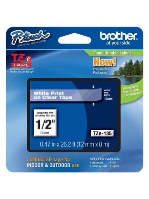 CINTA BROTHER TZES135 - TEXTO BLANCO SOBRE FONDO TRANSPARENTE - 12MM X 8MTS.