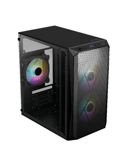 GABINETE ACTECK DOOM GI630 CON VENTANA MICRO-TOWER MICRO-ATX-MINI-ITX USB 3.0-2.0 CON FUENTE DE 500W 3 VENTILADORES RGB INSTALADOS NEGRO