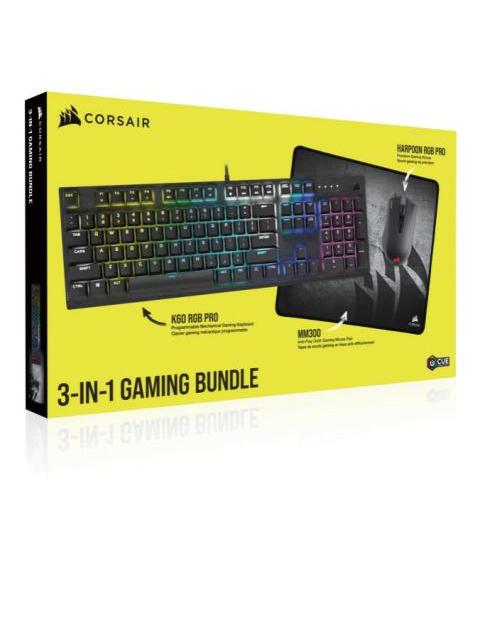 KIT GAMER 3 EN 1 CORSAIR TECLADO K60 RGB PRO + MOUSE HARPOON RGB PRO + MOUSEPAD MM300 ALAMBRICO USB NEGRO (INGLES)