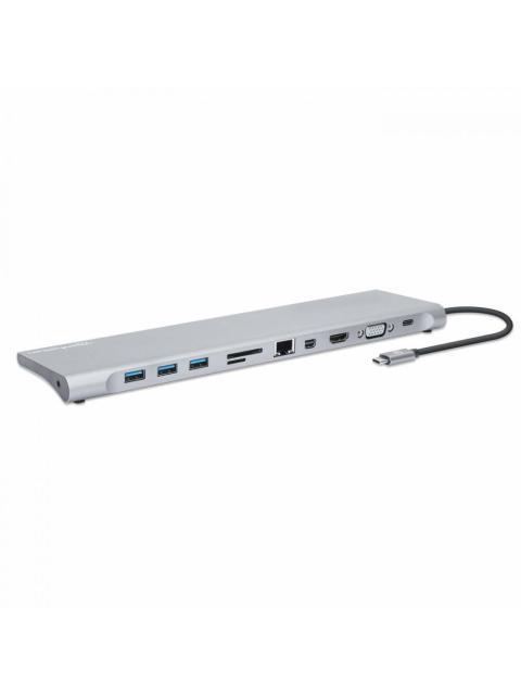 MANHATTAN DOCKING STATION USB C - 3X USB 3.0 1X USB C 1X HDMI 1X VGA 1X MINI DISPLAYPORT 1X RJ-45 1X SD HEMBRA 5000 MBIT-S GRIS