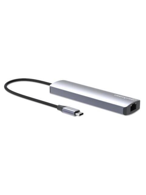 MANHATTAN HUB USB-C MACHO - 3X USB 3.0 1X USB-C 1X HDMI 1X RJ-45 GRIS