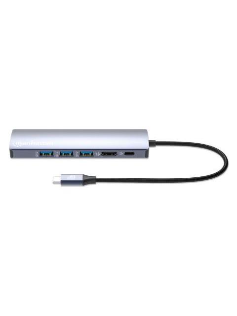 MANHATTAN HUB USB-C MACHO - 3X USB 3.0 1X USB-C 1X HDMI 1X RJ-45 GRIS