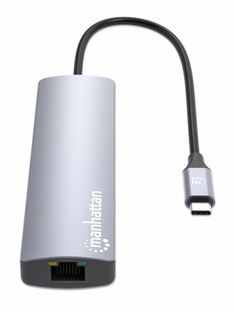 MANHATTAN HUB USB-C MACHO - 3X USB 3.0 1X USB-C 1X HDMI 1X RJ-45 GRIS