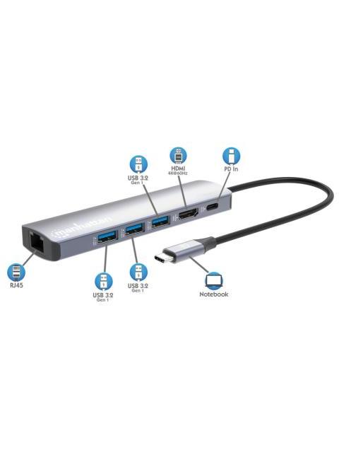 MANHATTAN HUB USB-C MACHO - 3X USB 3.0 1X USB-C 1X HDMI 1X RJ-45 GRIS