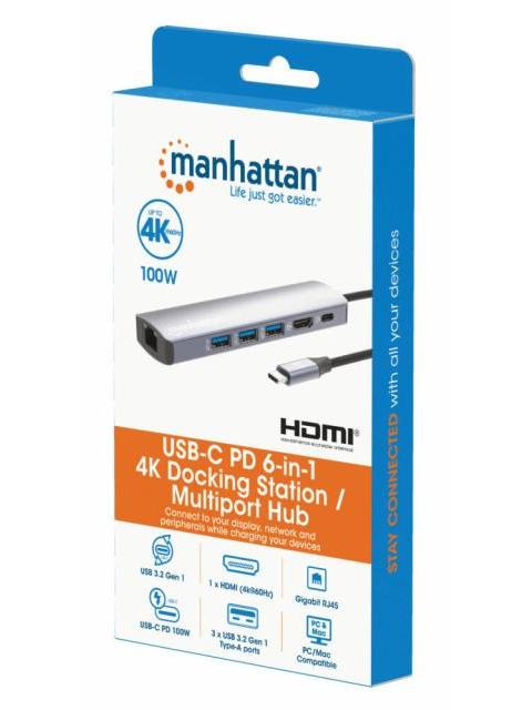 MANHATTAN HUB USB-C MACHO - 3X USB 3.0 1X USB-C 1X HDMI 1X RJ-45 GRIS