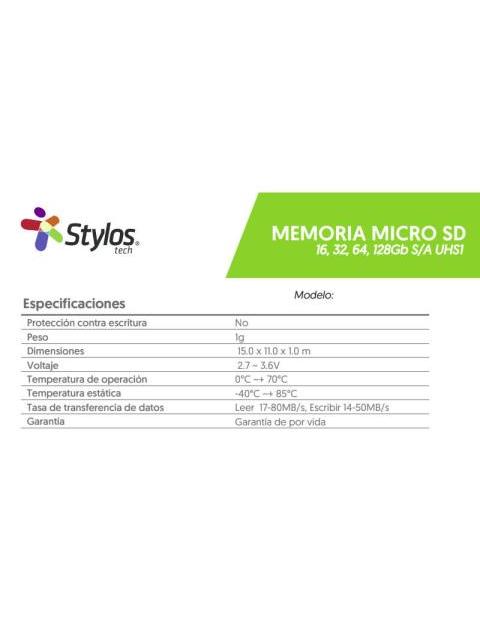 MEMORIA FLASH STYLOS STMSDS3B 64GB MICROSDHC UHS-I CLASE 10
