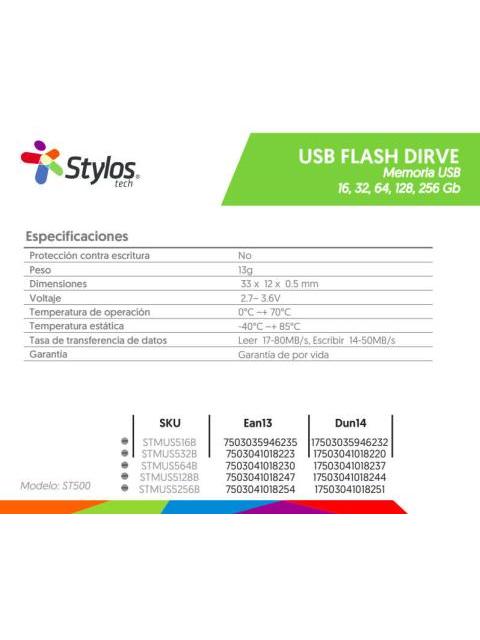 MEMORIA USB STYLOS ST500 256GB USB 2.0 PLATA