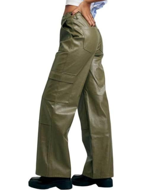 PANTALON RECTO PIEL VEGANA VERDE OLIVO HOLLY LAND
