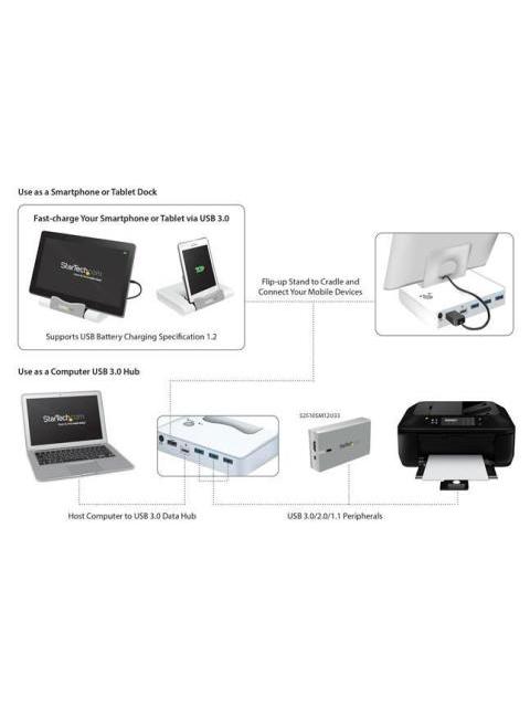 STARTECH  CONCENTRADOR USB 3.0 DE 3 PUERTOS HUB CON PUERTO DE CARGA RAPIDA (2.1A) Y BASE PARA LAPTOPS-TABLETS BLANCO