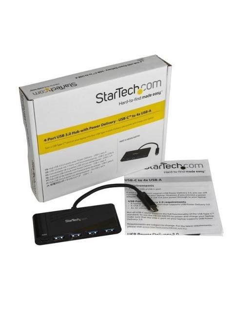 STARTECH  HUB USB C 3.0 MACHO - 4X USB A HEMBRA CON PD ENTREGA DE POTENCIA 5000 MBIT-S NEGRO