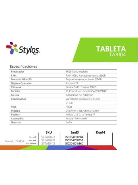 TABLET STYLOS STTA1041S 10.4 128GB ANDROID 13 PLATA