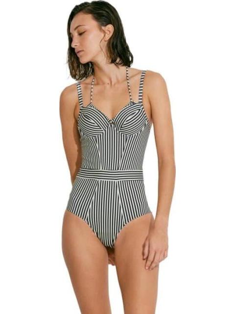 TRAJE DE BAÑO RAYADO CON CONTROL DE ABDOMEN AZUL MARINO HOLLY LAND